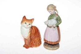 Capodimonte figure 'Girl with Cat' and Beswick seated cat no. 1030.