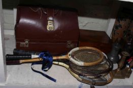 Leather bowls bag, tennis and other rackets, 19th Century walnut box,