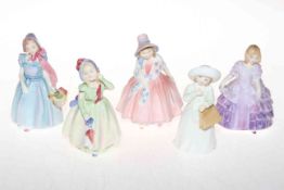 Five Royal Doulton figures 'Rose', 'Babie', 'Lily', 'Wendy' and 'Almost Grown', all good condition.