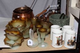 Copper pan and planter, kettle and six cups, art glass, ice bucket and four tankards.
