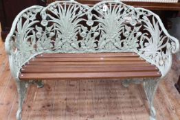 Coalbrookedale style cast fern and leaf patterned garden bench, as new condition, 82cm by 117cm.