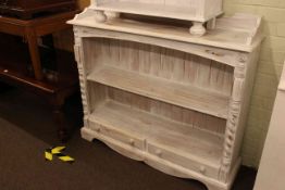 White washed open two drawer bookcase with tongue and groove panel back,