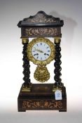 19th Century French marquetry and ebonised Portico clock, 49cm by 21cm by 11cm.