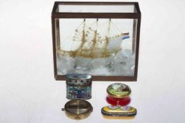 Cloisonne vesta, porcelain needle case, compass, small glass ship in case 16cm across,