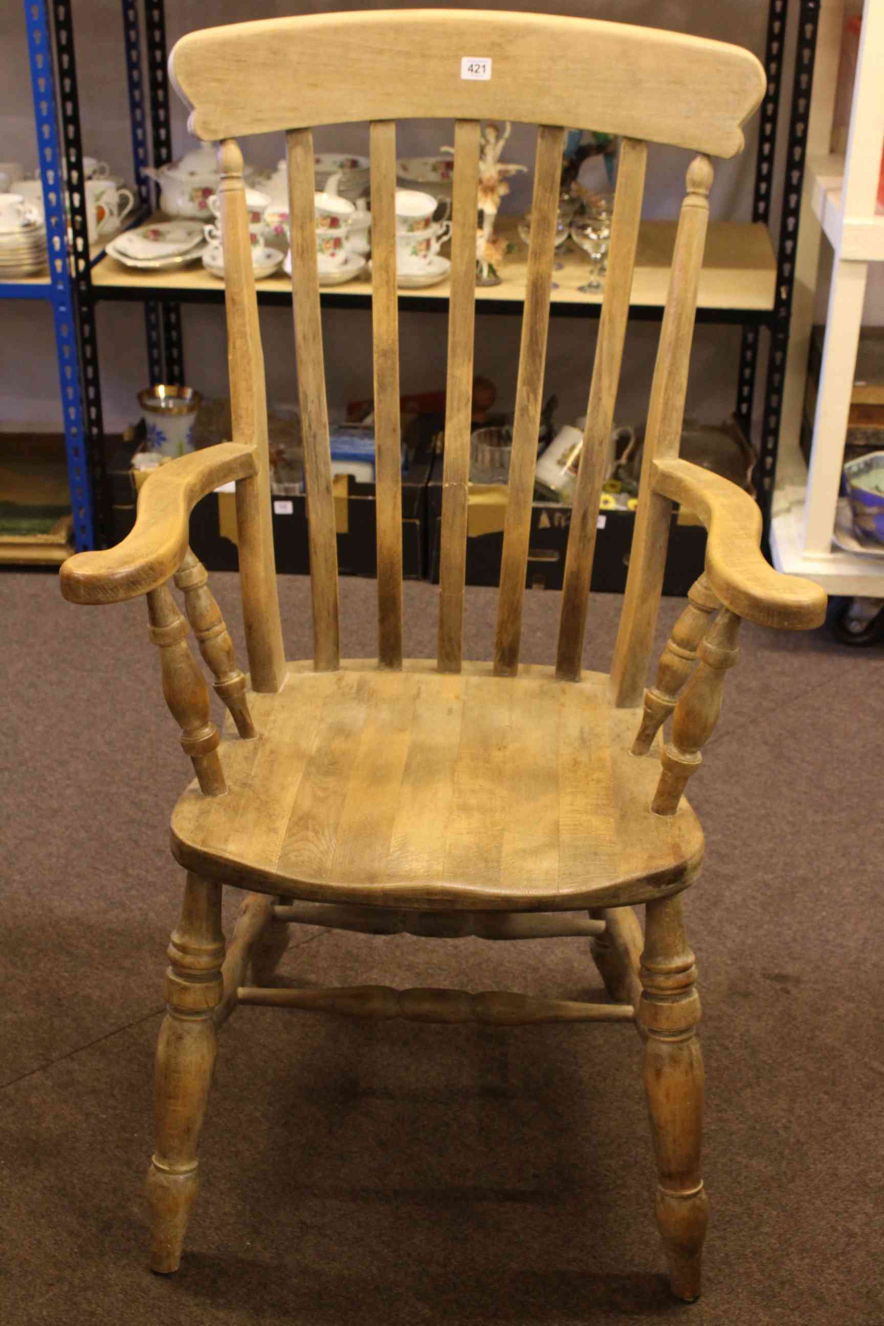 Pair beech farmhouse style armchairs.