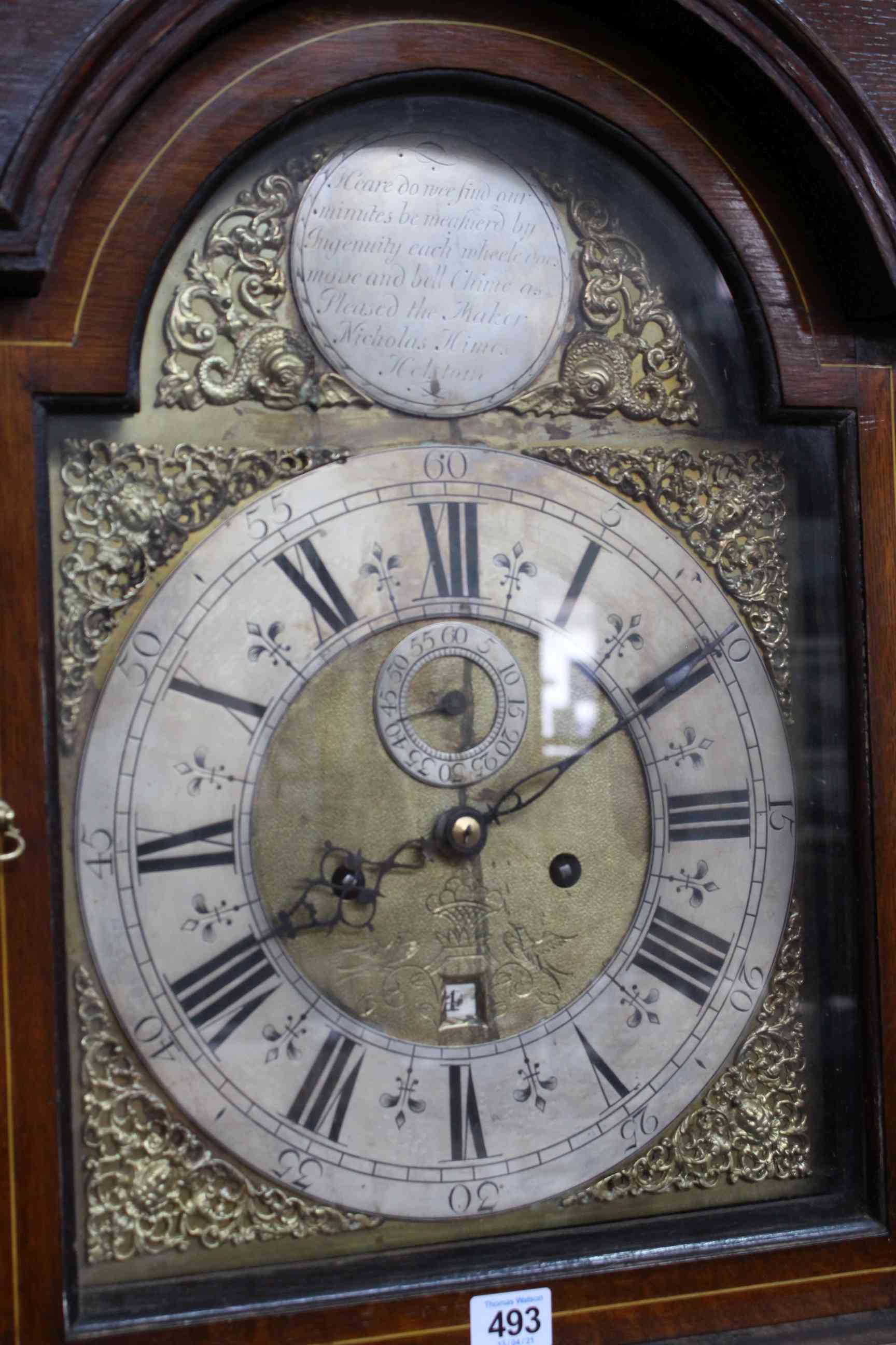 Antique inlaid oak and mahogany 8-day longcase clock with brass and silvered dial, Nicholas Himes, - Image 3 of 5