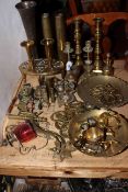 Collection of assorted brassware including two pairs of candlesticks, pair of shell cases,