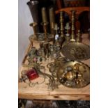 Collection of assorted brassware including two pairs of candlesticks, pair of shell cases,