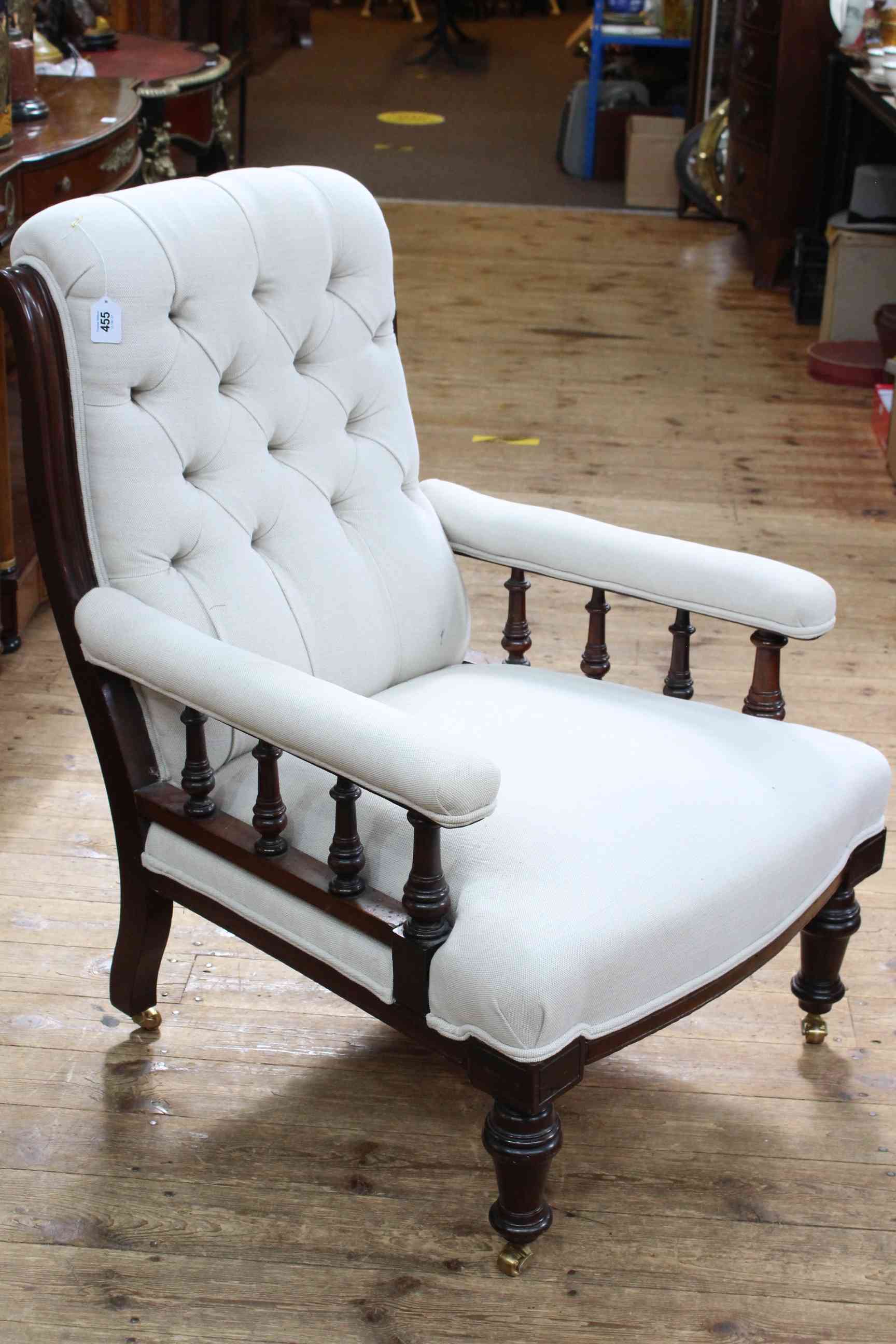 Victorian turned leg armchair in light buttoned fabric. (Slight split to frame and marks to frame). - Image 2 of 2