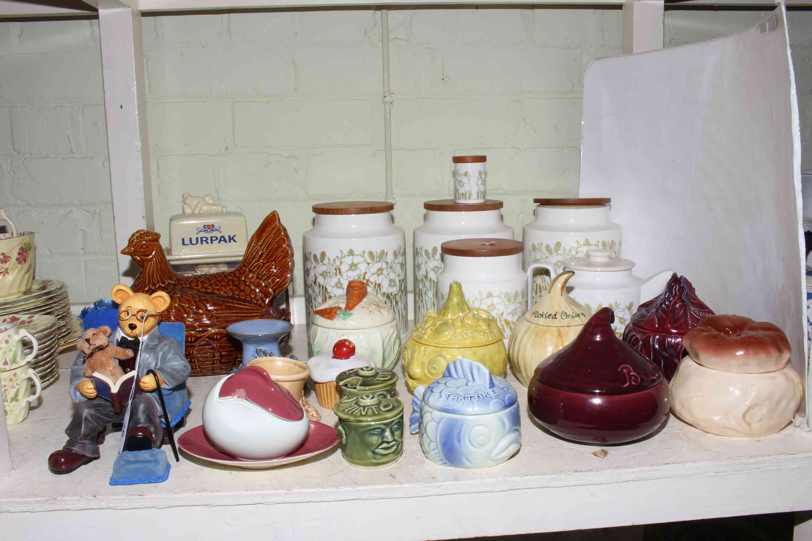Five Hornsea Fleur storage jars and teapot, Sylvac and other preserve pots, hen egg basket,