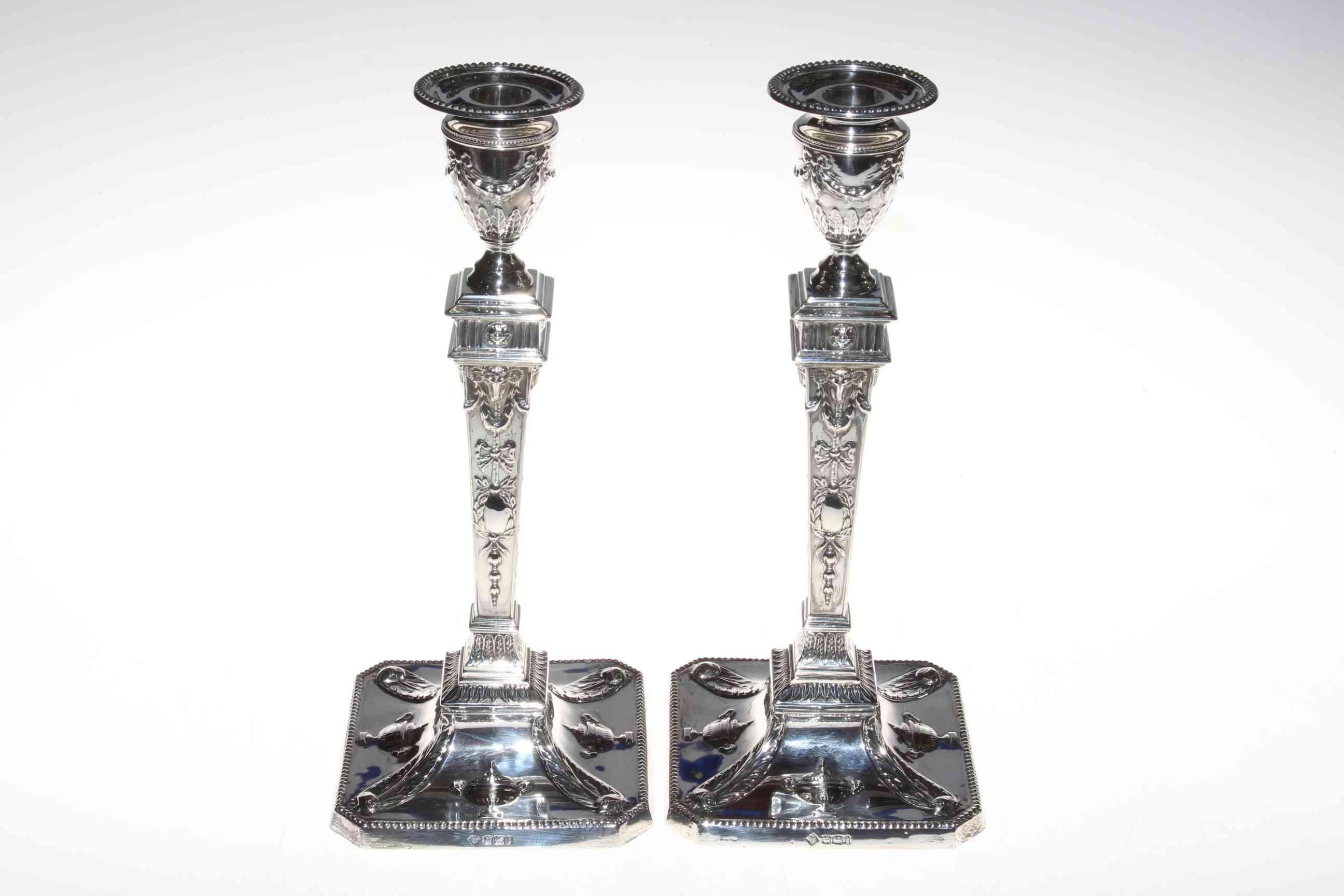 Good pair of Edwardian Adam style silver candlesticks by Martin and Hall, Sheffield 1901,