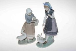Two Lladro Goose Girl pieces, one with basket, tallest 27cm, no boxes.