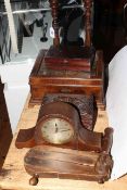 Pair of wooden candlesticks, three wood boxes, oak mantel clock and wooden football rattle.