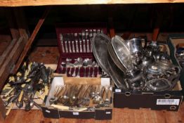 Large collection of silver plated ware including gallery trays, tea sets, cutlery,