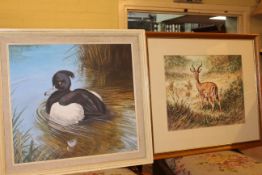 Three Paul Armstrong watercolours of birds, David Cemmick oil of duck and watercolour of deer and W.