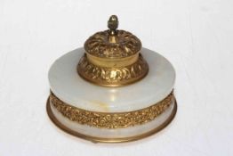 19th Century gilt metal and marble inkwell having acanthus top and ornate pierced band,