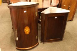 Modern inlaid mahogany bow front corner wall cabinet and oak corner wall cabinet (2).