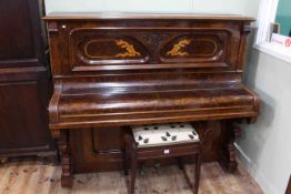 Waddington & Son burr walnut and satinwood inlaid upright overstrung piano, Serial No.