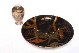 Small Japanese vase, 19cm, and lacquered dish (2).