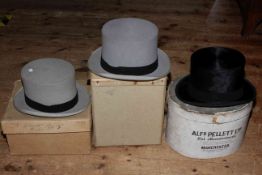 Two grey top hats with original card boxes, Alf Pellett black top hat with card box,