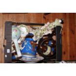 Four boxes of assorted china including toby jug, bisque figures, busts, copper lustre ware,