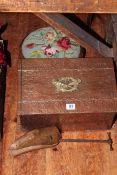 Army copper shoe box, vintage shoe stretcher and needlework circular footstool.