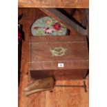 Army copper shoe box, vintage shoe stretcher and needlework circular footstool.