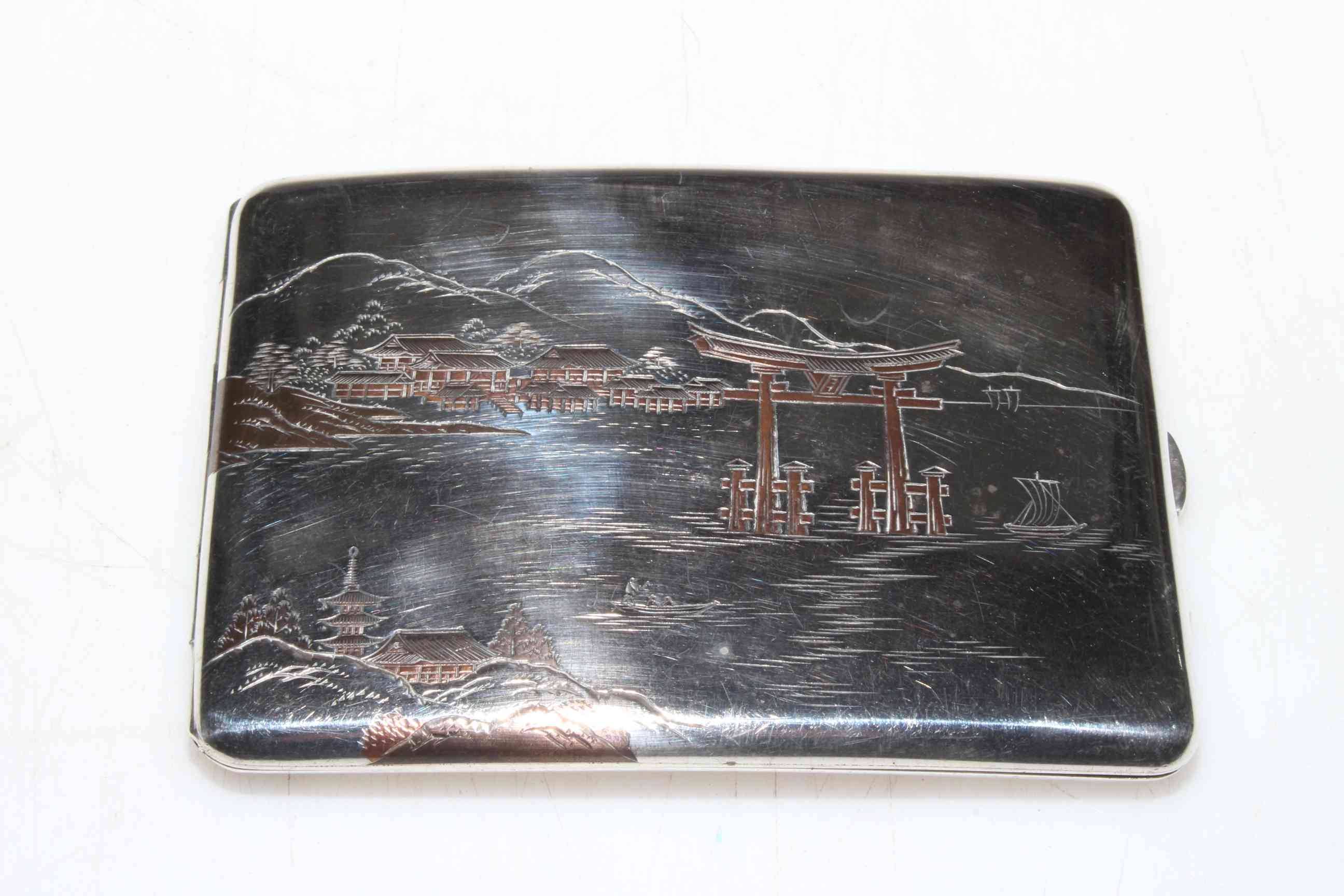 Japanese silver cigarette case with inlay landscape decoration to external and internal,