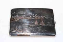 Japanese silver cigarette case with inlay landscape decoration to external and internal,