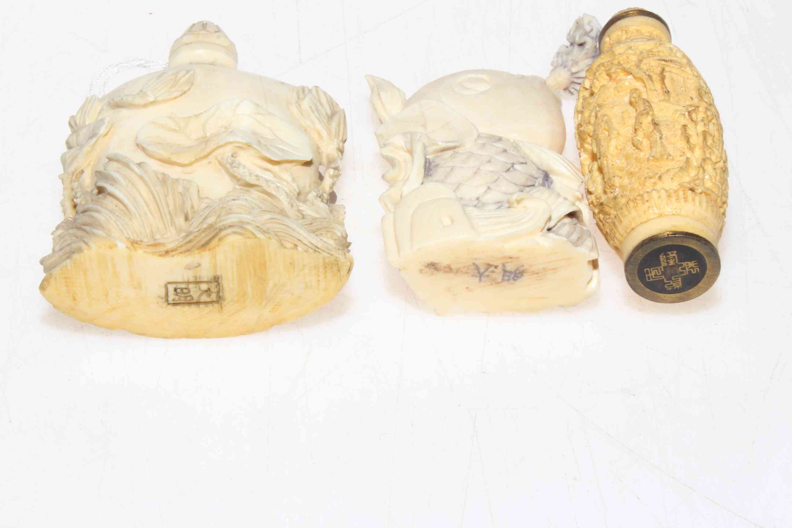 Three ivory/bone scent bottles, each approximately 8cm, all with base signature or mark. - Image 3 of 3