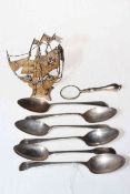 Six silver teaspoons (5+1), small magnifier and gilt filigree ship (3).
