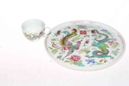 Chinese dragon and exotic bird tray, 26cm diameter, and cup (2).