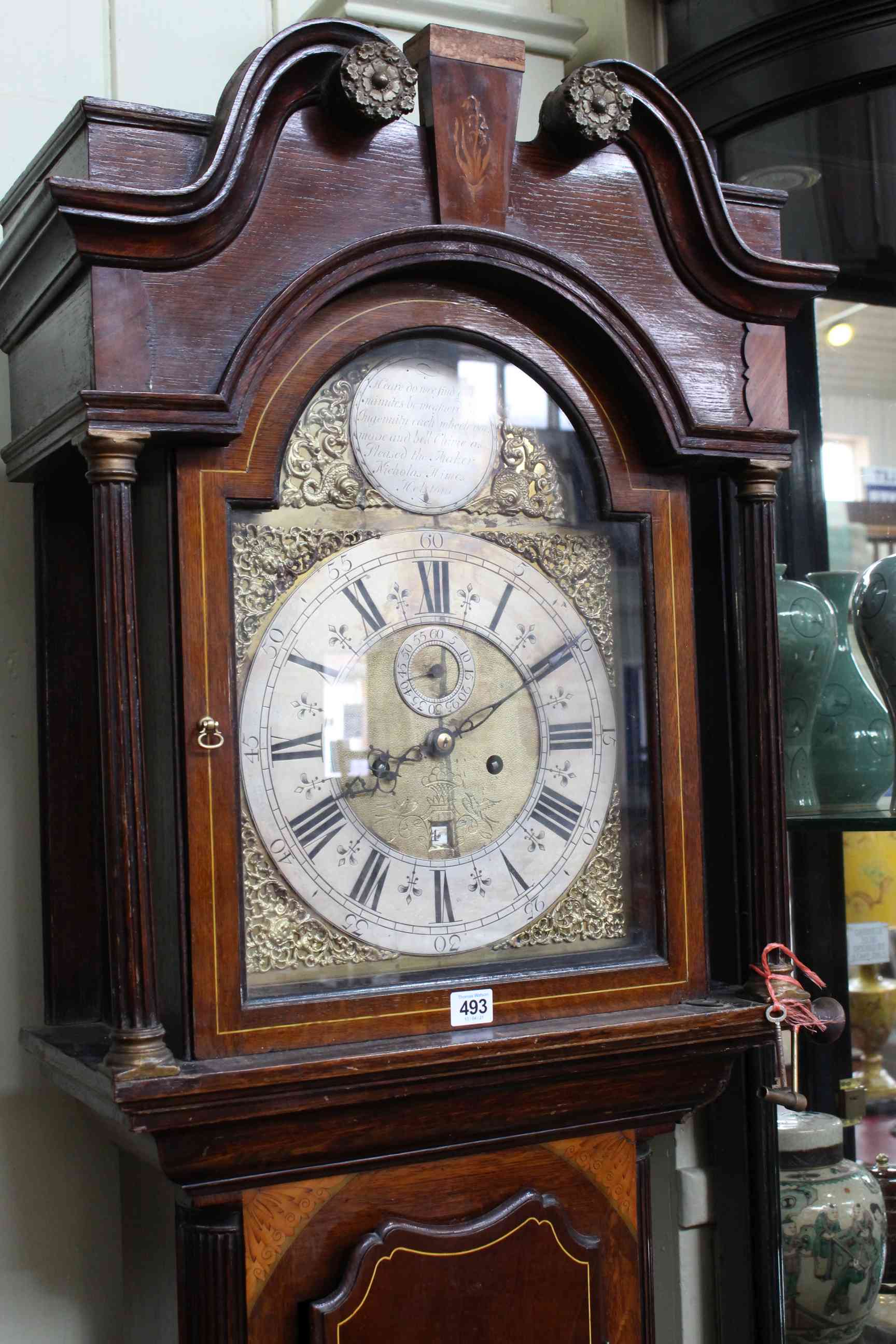 Antique inlaid oak and mahogany 8-day longcase clock with brass and silvered dial, Nicholas Himes, - Image 2 of 5