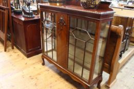 1920's mahogany double glazed panel door china cabinet on ball and claw legs,