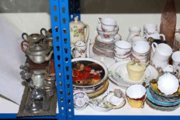 China teaware, coffee cans and saucers, Ringtons caddy, assorted china, glass, suitcases, books,