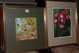 Collection of seven various pictures including floral watercolours, Teesdale etching, etc.