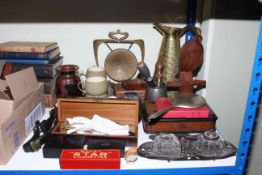 Art Nouveau inkwell, Meccano, Wills 'Star' dominoes, brass jug and gong,