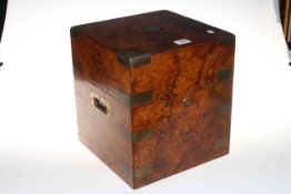 19th Century burr walnut and brass bound four decanter box, 30cm by 26.5cm by 26.5cm.