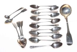 Late Georgian silver sauce ladle, set of twelve teaspoons Sheffield 1920, and five more spoons.