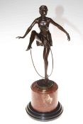 Art Deco style bronze of dancing hoop girl on marble base, 47cm high.