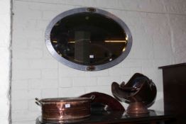 Silvered frame bevelled wall mirror, copper coal scuttle and copper two handled planter.