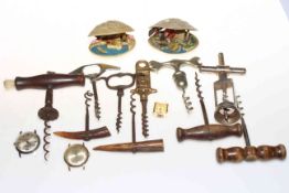 Collection of corkscrews, Mauchline Ware box, drum design preserve pot, stud box with studs, coins,