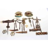 Collection of corkscrews, Mauchline Ware box, drum design preserve pot, stud box with studs, coins,