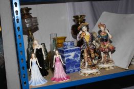 Three Capo di Monte figures, two converted oil lamps, two Royal Doulton and Worcester figures,