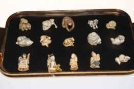 Collection of fifteen ivory netsuke, animals and figures, mostly signed.