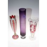 Three cut glass tantalus decanters with stoppers, pair of Carnival glass bowls, Bohemian glass vase,