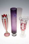 Three cut glass tantalus decanters with stoppers, pair of Carnival glass bowls, Bohemian glass vase,