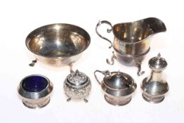 Silver sugar basin and cream jug, and four condiments (6).