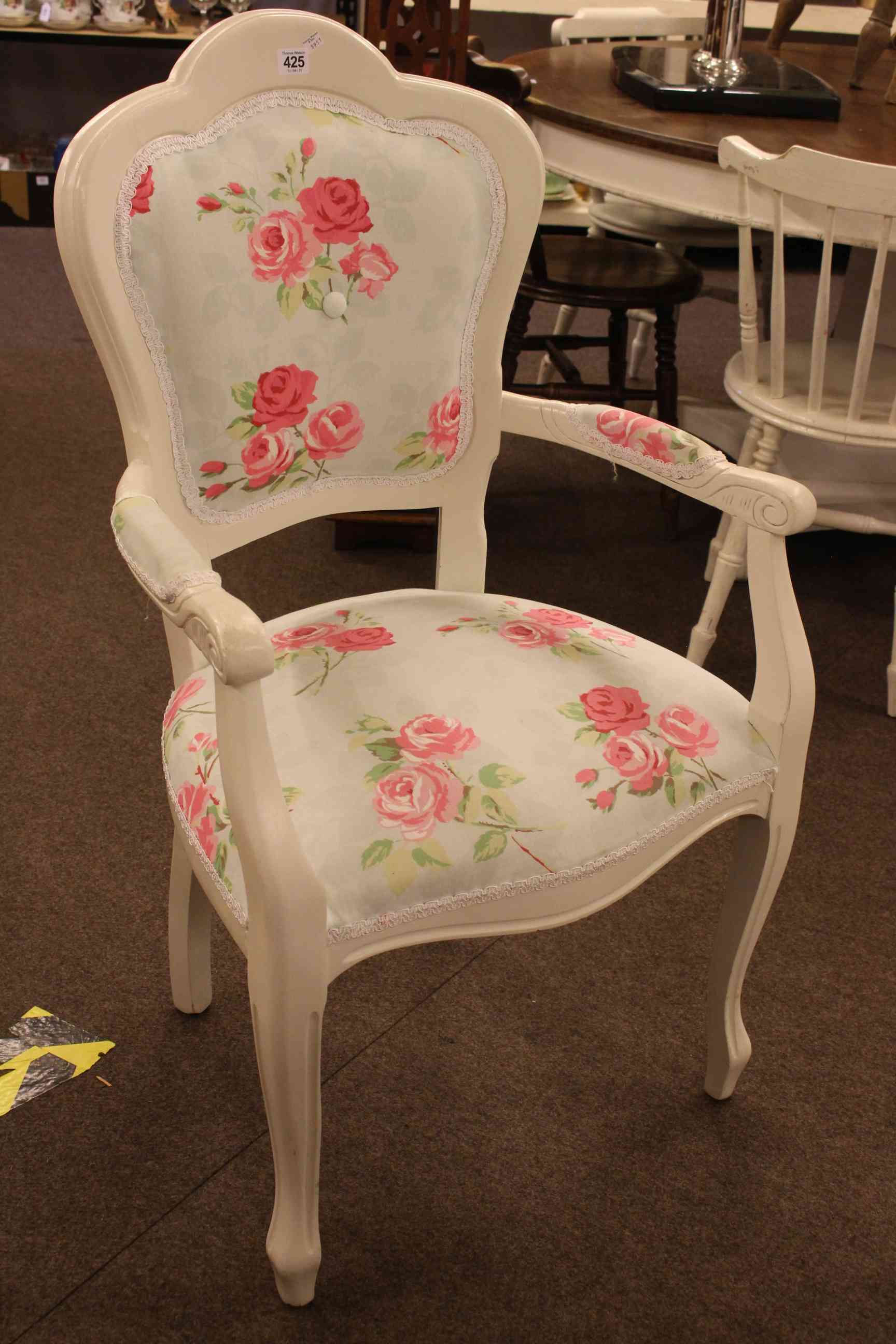 White painted Victorian armchair and white painted fauteuil. (Victorian chair loose in joints).