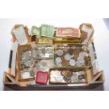 Collection of coins, tokens, two bank notes and coin tin.